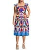 Vince Camuto Plus Size Smocked Square Neck Sleeveless Printed Fit And Flare Midi Dress, Color:Multi - Image 1
