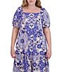 Vince Camuto Plus Size Square Neck Short Puff Sleeve A-Line Midi Dress, Color:Blue - Image 4
