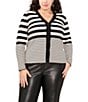 Color:Rich Black - Image 1 - Plus Size Striped Ribbed Knit V-Neck Long Sleeve Button Front Cardigan
