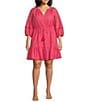 Color:Pink - Image 1 - Plus Size V-Neck 3/4 Sleeve Cinched Tassel Tie Waist Pocketed Fit and Flare Dress