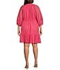 Color:Pink - Image 2 - Plus Size V-Neck 3/4 Sleeve Cinched Tassel Tie Waist Pocketed Fit and Flare Dress