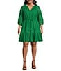 Color:Green - Image 1 - Plus Size V-Neck 3/4 Sleeve Cinched Tassel Tie Waist Pocketed Fit and Flare Dress