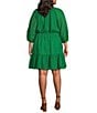 Color:Green - Image 2 - Plus Size V-Neck 3/4 Sleeve Cinched Tassel Tie Waist Pocketed Fit and Flare Dress