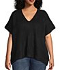 Vince Camuto Plus Size V-Neck Dolman Short Sleeve Boxy Top, Color:Rich Black - Image 1