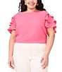 Vince Camuto Plus Size Woven Round Neck Tiered Ruffle Short Sleeve Blouse, Color:Pink Bliss - Image 1