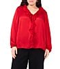 Vince Camuto Plus Size Woven V-Neck Long Sleeve Ruffle Blouse, Color:Cherry Red - Image 1