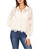 Color:New Ivory - Image 1 - Point Collar Long Bishop Sleeve Scalloped Hem Embroidered Lace Button Front Blouse