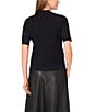 Vince Camuto Pointelle Knit V-Neck Short Sleeve Button Front Sweater, Color:Rich Black - Image 2
