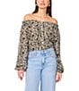 Vince Camuto Printed Off-The-Shoulder Long Sleeve Button Front Blouse, Color:Dark Green - Image 1