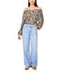Vince Camuto Printed Off-The-Shoulder Long Sleeve Button Front Blouse, Color:Dark Green - Image 3