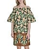 Vince Camuto Printed Poplin Off-The-Shoulder Short Sleeve Shift Dress, Color:Green - Image 4