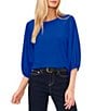 Color:Cobalt - Image 1 - Round Neck 3/4 Puff Sleeve Knit Top