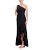 Color:Black - Image 3 - Scuba Knit One-Shoulder Sleeveless Side Twist Ruffle High-Low Hem A-Line Gown