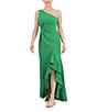 Color:Green - Image 1 - Scuba Knit One-Shoulder Sleeveless Side Twist Ruffle High-Low Hem A-Line Gown