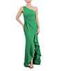 Color:Green - Image 3 - Scuba Knit One-Shoulder Sleeveless Side Twist Ruffle High-Low Hem A-Line Gown