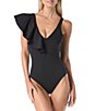 Vince Camuto Scuba V-Neck One-Ruffle Shoulder Full Coverage One-Piece Swimsuit - Image 1