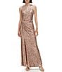 Color:Latte - Image 1 - Sequin Crew Neck Sleeveless Side Slit Ruched A-Line Gown