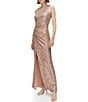 Color:Latte - Image 3 - Sequin Crew Neck Sleeveless Side Slit Ruched A-Line Gown