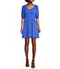 Color:Periwinkle - Image 1 - Short Sleeve Chiffon Ruffled V-Neck Fit and Flare Dress