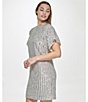 Color:Champagne - Image 6 - Short Sleeve Round Neck Sequined Shift Mini Dress
