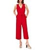 Color:Tulip Red - Image 1 - Sleeveless Belted Wide Leg Crop Jumpsuit