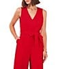 Color:Tulip Red - Image 3 - Sleeveless Belted Wide Leg Crop Jumpsuit