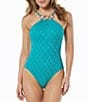 Color:Lagoon - Image 1 - Solid Crochet High Neck Gold Bamboo Ring One Piece Swimsuit