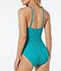Color:Lagoon - Image 2 - Solid Crochet High Neck Gold Bamboo Ring One Piece Swimsuit