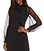Color:Black - Image 3 - Stretch Crepe Bow Mock Neck Long Sleeve Flocked Mesh Dot Shift Dress