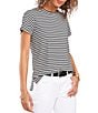 Color:Rich Black - Image 1 - Striped Crew Neck Short Sleeve Knit Tee Shirt