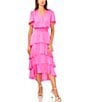 Color:Hot Pink - Image 1 - Surplice V-Neck Short Flutter Sleeve Smocked Waist A-Line Tiered Midi Dress