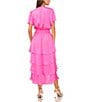 Color:Hot Pink - Image 2 - Surplice V-Neck Short Flutter Sleeve Smocked Waist A-Line Tiered Midi Dress