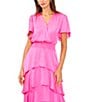 Color:Hot Pink - Image 3 - Surplice V-Neck Short Flutter Sleeve Smocked Waist A-Line Tiered Midi Dress