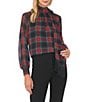 Vince Camuto Tartan Plaid Chiffon Tie Neck Long Sleeve Fringe Blouse - Image 1