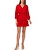 Color:Ultra Red - Image 1 - V-Neck Long Balloon Sleeve Smocked Waist Tiered A-Line Chiffon Mini Dress
