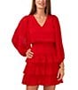 Color:Ultra Red - Image 3 - V-Neck Long Balloon Sleeve Smocked Waist Tiered A-Line Chiffon Mini Dress