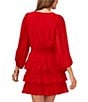 Color:Ultra Red - Image 4 - V-Neck Long Balloon Sleeve Smocked Waist Tiered A-Line Chiffon Mini Dress
