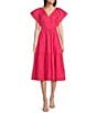 Color:Pink - Image 1 - V Neck Short Sleeve Midi Dress