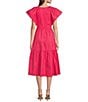 Color:Pink - Image 2 - V Neck Short Sleeve Midi Dress