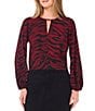 Vince Camuto Woven Zebra Print V-Neck Long Sleeve Center Front Seam Top, Color:Boysenberry - Image 1