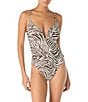 Vince Camuto Zebra Print Split V-Neck Full Coverage One-Piece Swimsuit - Image 1