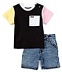 Color:Black - Image 1 - Baby Boys 12-24 Months Short Sleeve Color Block T-Shirt & Denim Carpenter Shorts Set