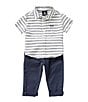Color:Cloud - Image 1 - Baby Boys 12-24 Months Short Sleeve Horizontal Stripe Woven Shirt & Finished-Hem Pant Set