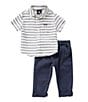Color:Cloud - Image 2 - Baby Boys 12-24 Months Short Sleeve Horizontal Stripe Woven Shirt & Finished-Hem Pant Set