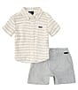 Color:Oatmeal - Image 2 - Baby Boys 12-24 Months Short Sleeve Printed Linen-Blend Shirt & Solid Twill Shorts Set