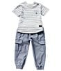 Color:Grey - Image 1 - Baby Boys 12-24 Months Short Sleeve Striped Jersey T-Shirt & Solid Twill Cargo-Pocket Jogger Pant Set