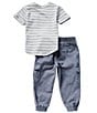Color:Grey - Image 2 - Baby Boys 12-24 Months Short Sleeve Striped Jersey T-Shirt & Solid Twill Cargo-Pocket Jogger Pant Set