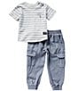 Color:Grey - Image 3 - Baby Boys 12-24 Months Short Sleeve Striped Jersey T-Shirt & Solid Twill Cargo-Pocket Jogger Pant Set