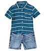 Color:Teal - Image 1 - Baby Boys 12-24 Months Short Sleeve Striped Linen-Blend Shirt & Denim Shorts Set