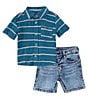 Color:Teal - Image 2 - Baby Boys 12-24 Months Short Sleeve Striped Linen-Blend Shirt & Denim Shorts Set